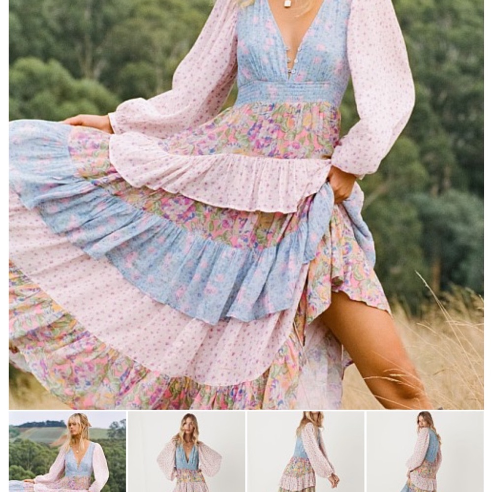Boho Floral Tiered Maxi Dress in Pastel Blue & Pink